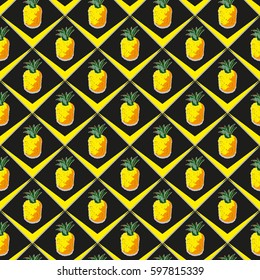 Pineapple tropical pattern seamless colorful background.  Art Texture Vector exotic fruits with leaves allover floral diagonal backdrop. Paradise regular print for wallpaper.