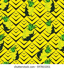 Pineapple tropical pattern seamless colorful background.  Art Texture Vector exotic fruits with leaves allover floral diagonal backdrop. Paradise regular print for wallpaper.