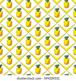 Pineapple tropical pattern seamless colorful background.  Art Texture Vector exotic fruits with leaves allover floral diagonal backdrop. Paradise regular print for wallpaper.