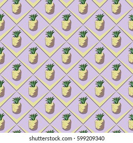Pineapple tropical pattern seamless colorful background. Vintage color Art Texture Vector exotic fruits with leaves allover floral diagonal backdrop. Paradise regular print for wallpaper.