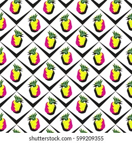 Pineapple tropical pattern seamless colorful background.  Art deco Texture Vector exotic fruits with leaves allover floral diagonal backdrop. Paradise regular print for wallpaper.