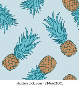 Pineapple tropical seamless pattern background. Tropical nature wrapping paper or textile design. Beautiful print with hand-drawn exotic fruits.
