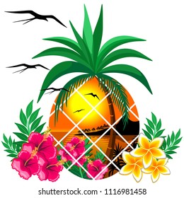Pineapple Tropical Sunset, Palm Tree and Flowers