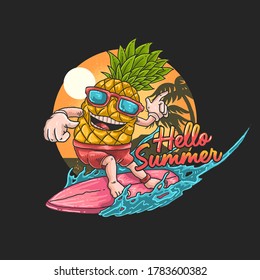 pineapple tropical surfing illustration vector graphic