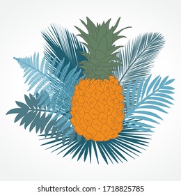pineapple with tropical tree branches in behind. vector