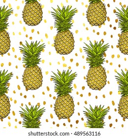 pineapple tropical vector seamless pattern and gold dots background. textile print fashion seamless illustration . print in the style retro of 80's.