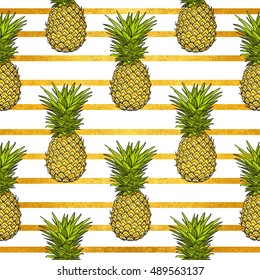 pineapple tropical vector seamless pattern and gold stripes. textile print fashion seamless illustration . print in the style retro of 80's.