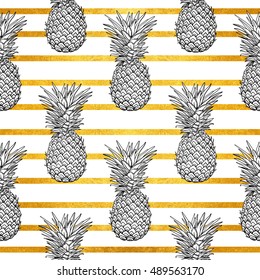 pineapple tropical vector seamless pattern and gold stripes. textile print fashion seamless illustration . print in the style retro of 80's.