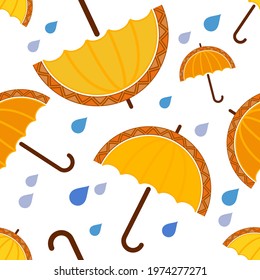 Pineapple umbrella in the rain on a white background. Flat design. Seamless pattern. Cartoon. Vector illustration for web design or print. 