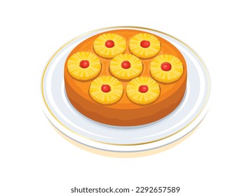 Pineapple Upside-Down Cake vector illustration. Whole pineapple fruit cake on a plate icon vector isolated on a white background. Round pineapple upside down cake drawing