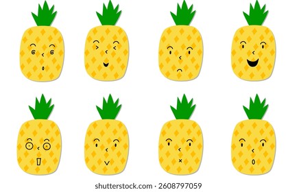 Pineapple with various expressions on its face.