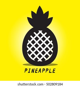 Pineapple Vector. Black Ananas Symbol on Yellow Background.