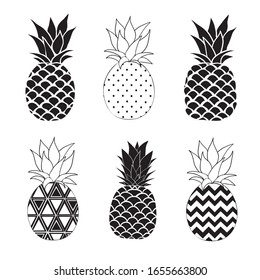 Pineapple vector black silhouette and sketch. Vector illustration.