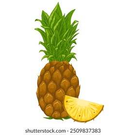 Composição vetorial do ananás. Ilustração desenhada à mão de desenhos animados de todo e metade de ananas. Design de impressão tropical para menu, festa de verão, adesivos, produtos de beleza, comida sobre fundo branco