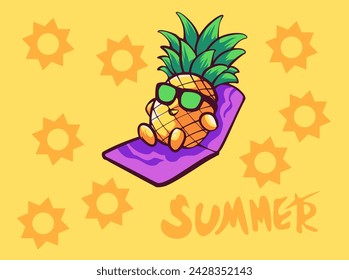 diseño de vector de piña, el carácter de piña es relajante en la playa, verano con gafas, diseño de vector aislado. adecuado para diseño de pegatinas, camisetas, elementos de diseño