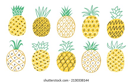 Pineapple vector hand drawn cute set