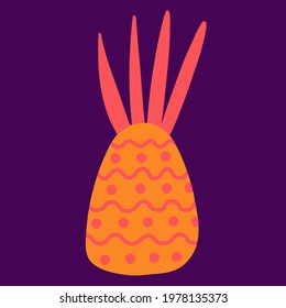 Pineapple vector icon. Bright tropical fruit isolated on a dark background. Flat cartoon style, hand drawn colored doodle. Pineapple with a pattern. Beautiful print for design, decoration, packaging