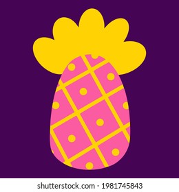 Pineapple vector icon. Cute tropical fruit with ornament. An exotic dessert. Isolated illustration on a purple background. Flat cartoon style, hand drawn.
