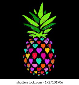 Pineapple vector illustration. Colorful pineapple in hearts on a black background.