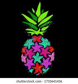 Pineapple vector illustration. Colorful starfish pineapple on a black background.