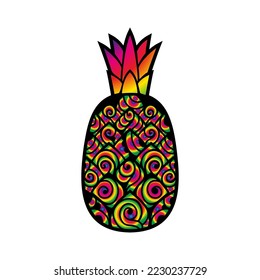 Pineapple Vector illustration. Doodle coloring book page zen art. Fruit, tropic, ananas, summer. Psychedelic, hippie, hallucination