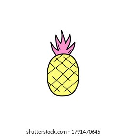 Pineapple vector illustration icon. Doodle hand drawn outlined cartoon summer pineapple fruit in pink and yellow colors. Isolated.