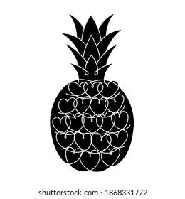 Pineapple vector illustration isolated on white. Pineapple made of hearts drawn with a white line on a black background