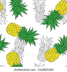 pineapple vector illustration, line drawing and color drawing, juicy delicious summer fruit, pineapple pattern, tropical fruits