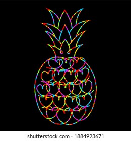 Pineapple vector illustration. Multicolored pineapple in hearts on black background. Pineapple . Vector Illustration hand drawn fruit pineapple black neon t-shirt design.