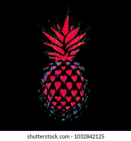 Pineapple vector illustration. Red pineapple in hearts on black background. Valentine`s Day, illustration for t-shirt design, greeting card, invitation.