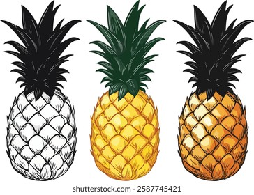 Pineapple Vector Illustration Set: Colorful and Black and White