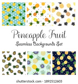 Pineapple vector illustration, six seamless patterns tiles, flat design pineapple collection, sheet one of tiles, polka dot, outline, blue, sky blue