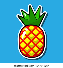 Pineapple vector isolated on blue. Cool cute icon exotic fruit, summer symbol, vitamin, healthy organic food. Illustration for children, print t-shirt. Cartoon comic style
