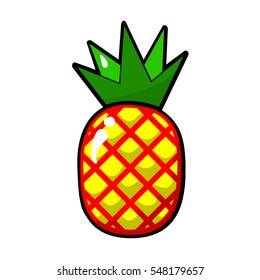 Pineapple vector isolated on white. Cool cute icon exotic fruit, summer symbol, vitamin, healthy organic food. Comics cartoon style. Illustration for children, print, t-shirt