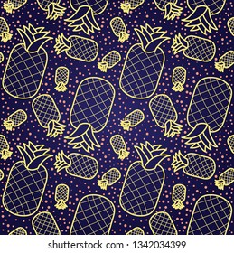 Pineapple vector lines seamless pattern. Funny doodle healthy food on a dark background.
