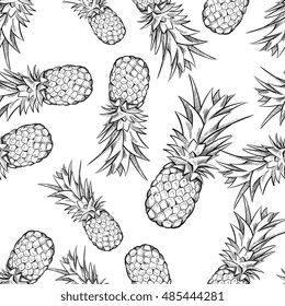 Pineapple vector seamless pattern. Background with exotic fruit sketch illustration