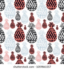 Pineapple vector seamless pattern. Hand drawn ananas. Fruit background. Summer design.