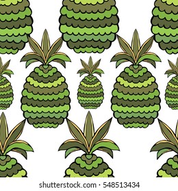 Pineapple vector seamless pattern. Stylized green  fruit ananas background.