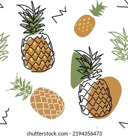 Pineapple vector seamless pattern for texture, textile, fabric, wallpaper, wrapping. One continuous line art drawing design of pineapple pattern.