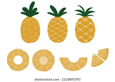 Pineapple vector set. pineapple slices and a half on a white background. tropical fruit in cartoon style.