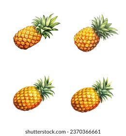 Pineapple vector watercolor illustration set, Pineapple 3D realistic icon