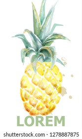 Pineapple Vector watercolor. Tropic fruit with glitter isolated on white. Icon template artistic exotic illustration. Menu layouts