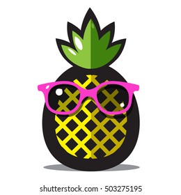 Pineapple Vector. Yellow Ananas Cartoon with Green Leaves and Pink Sunglasses.