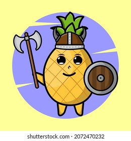 Pineapple viking pirate character cartoon with hat and holding sword and shield in cute style design for t-shirt, sticker, logo element, poster
