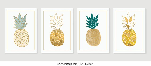 Pineapple wall art gold background vector.  Hand drawn tropical fruit with golden and watercolor texture. Vector illustration for prints, wall decoration, wallpaper and cover design.