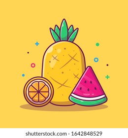 Pineapple, Water Melon And Orange Vector Icon Illustration. Summer Food And Drink. Holiday Icon Concept White Isolated. Flat Cartoon Style Suitable for Web Landing Page, Banner, Flyer, Sticker, Card