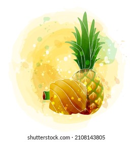 Pineapple watercolor clipart illustration with yellow background.