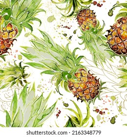 Pineapple Watercolor Fresh Vector Seamless Pattern Textile Design