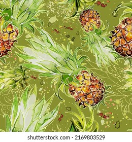 Pineapple Watercolor Fresh Vector Seamless Pattern Textile Design