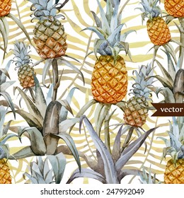 pineapple, watercolor, palm, pattern, background, wallpaper